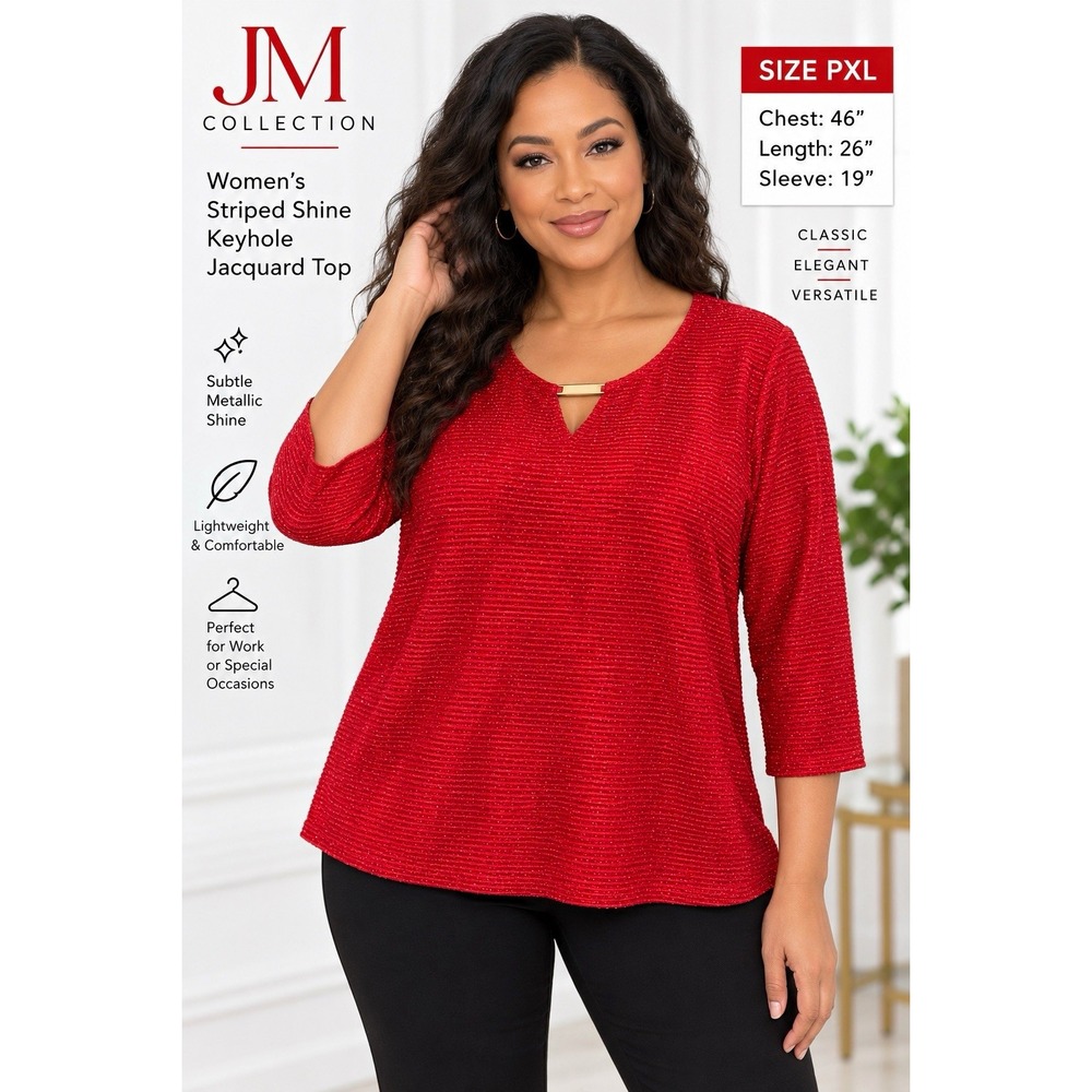 JM Collection Women's Petite PXL Red Striped Metallic Jacquard Keyhole Top
